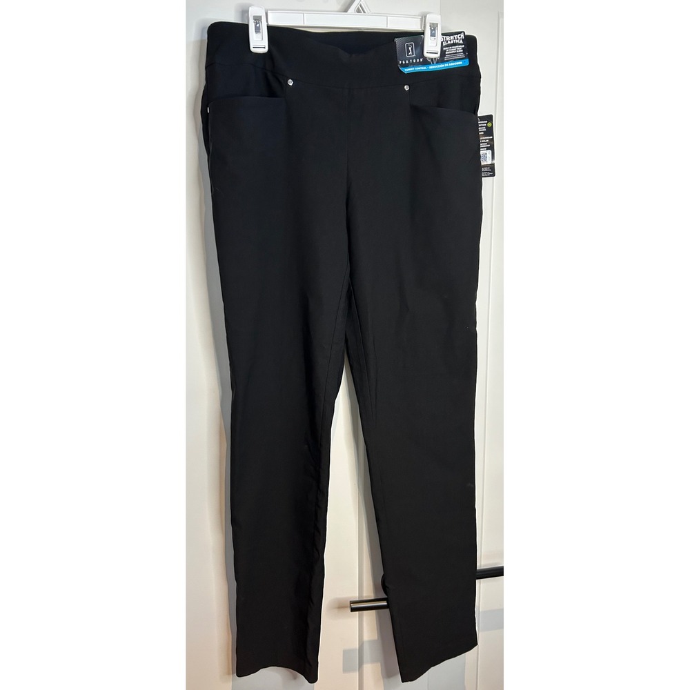 PGA Tour Womens Golf Pants Black Tummy Control Stretch Moisture Wicking UPF 50 L